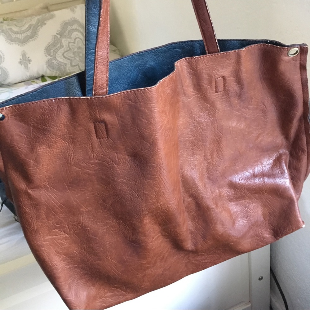 Soft leather brown and blue reversible bag